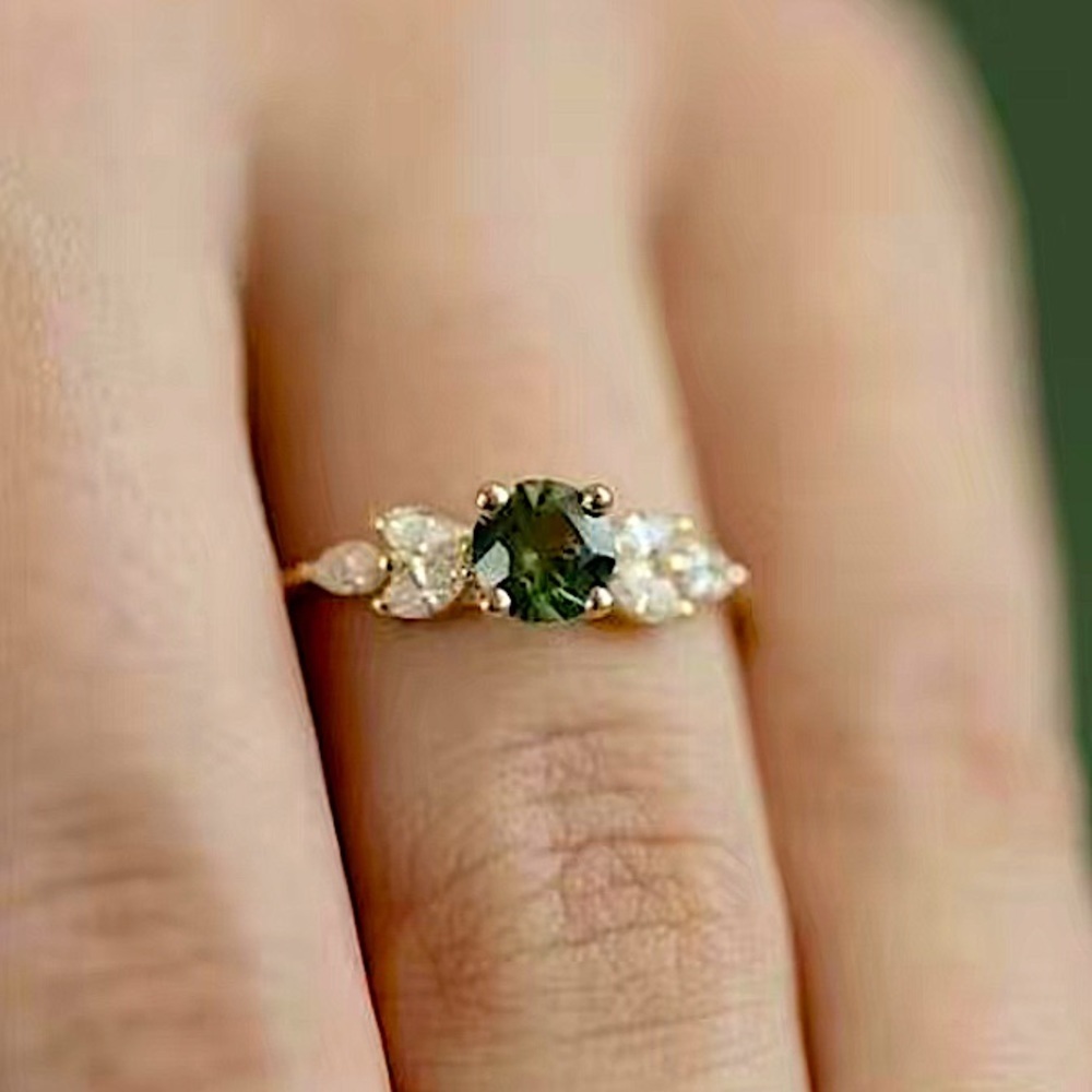 Gold Peridot Zircon Ring Minimalist, Dainty Diamond